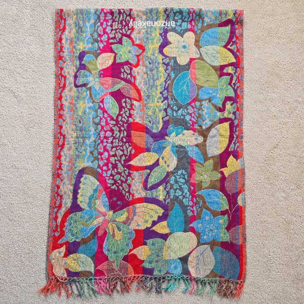 NWOT 100% Wool Woven Scarf Butterfly Flowers Colorful Vibrant